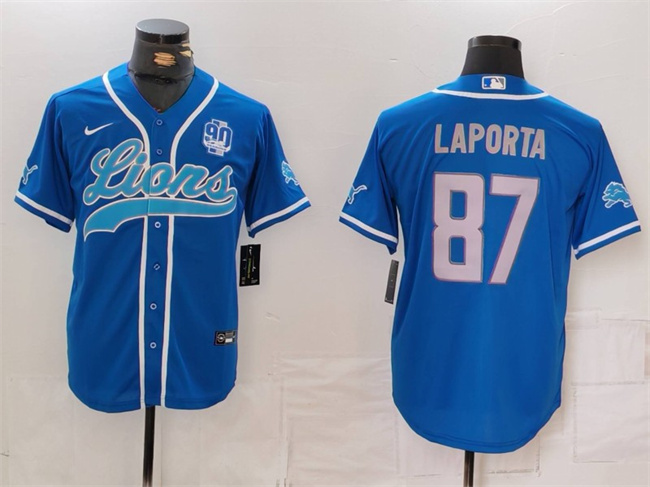 Men's Detroit Lions #87 Sam LaPorta Blue With 90th Anniversary Patch Cool Base Stitched Baseball Jersey - Click Image to Close